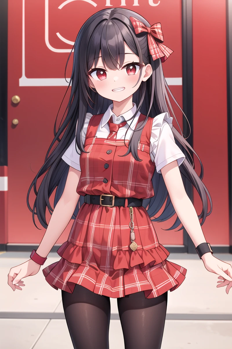 <lora:talkmouth_I_type1_v200:1>
insanely detailed, absurdres, ultra-highres, ultra-detailed, best quality,
1girl, solo, nice hands, perfect hands
BREAK
(Enchant:1.4), (red theme:1.5), ((red plaid pattern, tone on tone):1.4), (idol uniform:1.2), (fusion of sleeveless (red plaid pattern) vest and red sundress:1.4), (red tie:1.4), ((red plaid pattern) multi-layered skirt with ruffles:1.3), ((red:1.3) platform HIGH boots:1.1), (red plaid pattern ribbon on head:1.3)
BREAK
(short sleeve white collared-shirt dress layering:1.2), (black pantyhose:1.2), (belt:1.3), (wristband:1.3), (naked skin:-1), (black vest:-1), (white vest:-1), (black skirt:-1), (white skirt:-1), (cleavage:-1.5)
BREAK
smile, open mouth
BREAK
(45 angle:-1.5), (from side:-1.5),
standing, cowboy shot, looking at viewer
BREAK
slender, kawaii, perfect symmetrical face, ultra cute girl, ultra cute face, ultra detailed eyes, ultra detailed hair, ultra cute, ultra beautiful
BREAK
in schoolyard, depth of field, ultra detailed background
BREAK
medium large breasts
BREAK
black hair, red eyes, cornrows,