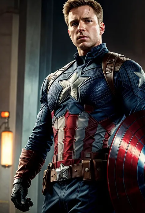 half body RAW photo of captain america, detailed textures, sharp focus, ultra high pixel detail, absurdres, cinematic, intricate, cinematic light, concept art, art station, realistic, scene, cinematic, high quality, craig mullins and wayne barlowe style, full colors, incredibly detailed, 4k, 8k, <lora:add_detail:1>
