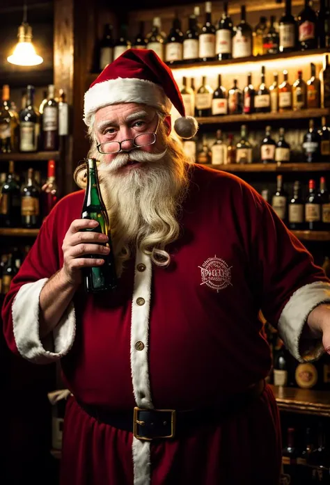 drunk, creepy santa, muddy, crowded bottles bar, intricate details, hdr, intricate details, hyperdetailed, cinematic, dark shot, muted colors, film grainy, soothing tones, muted colors, technicolor