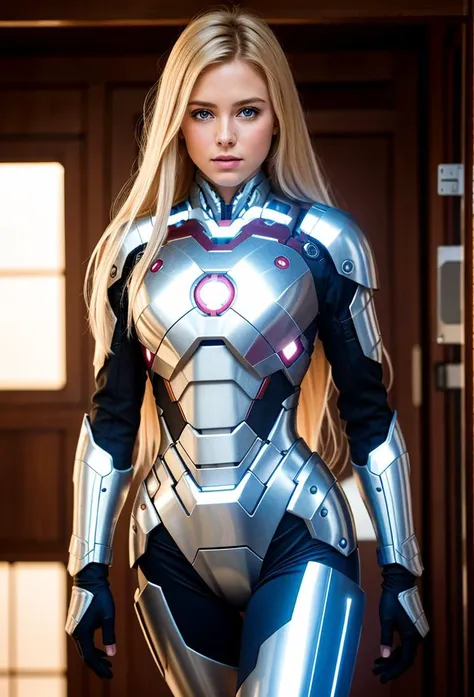 (RAW photo, 4k, masterpiece, high res, extremely intricate) (photorealistic:1.4), cinematic lighting blonde girl, solo focus, cowboy shot,indoors,the upper part of the body, extremely detailed 8k wallpaper, beautiful detailed eyes, artbook, photo, real, realistic, futuristic knight, (silver, long hair), mecha girl, mechanical parts, space station, Expressive Hues, Vibrant Palette, ironman suit