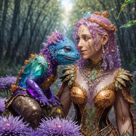 fantasy Surrealism drawing, a (crstal17-8000) simple coloured line drawing of a Lizard perched on the shoulder of a mature copper-toned Slovenian cyborg nun and cyborg clown, standing in a forest of (giant:1.46) asters, very detailed, intricate, crisp lines, skin imperfections, <lora:to8_ContrastFix_sd15:1.0>