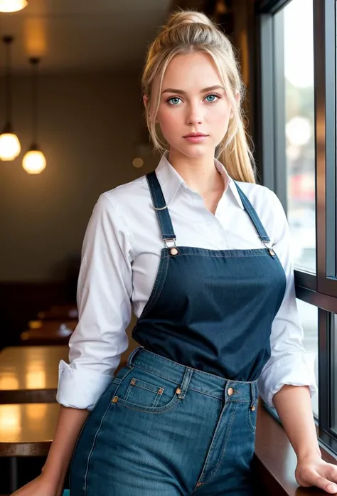 (dark shot:1.4), 80mm, a beautiful blondie czech girl, working as a (waitress:1.1) at (a diner:1.2), weared in white shirt, blue apron, jeans, ponytail, (natural skin texture, hyperrealism, soft light, sharp), (intricate details:0.9), (hdr, hyperdetailed:1.2), soft light, sharp, exposure blend, medium shot, bokeh, (hdr:1.4), high contrast, (cinematic, teal and orange:0.85), (muted colors, dim colors, soothing tones:1.3), low saturation, (hyperdetailed:1.2), (noir:0.4)