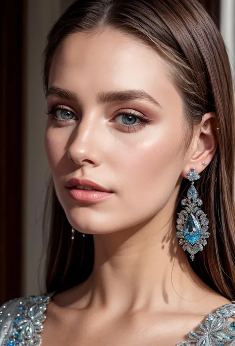 (masterpiece, best quality), intricate details, realistic, photorealistic, a close up of a woman wearing earrings, inspired by Emma Andijewska, draped in crystals, silver color, long earrings, sandra chevier, huge earrings, 2019, blue-eyed, platinum jewellery, earring, flawless structure, silver earring, <lora:add_detail:1> <lora:epiNoiseoffset_v2:1>