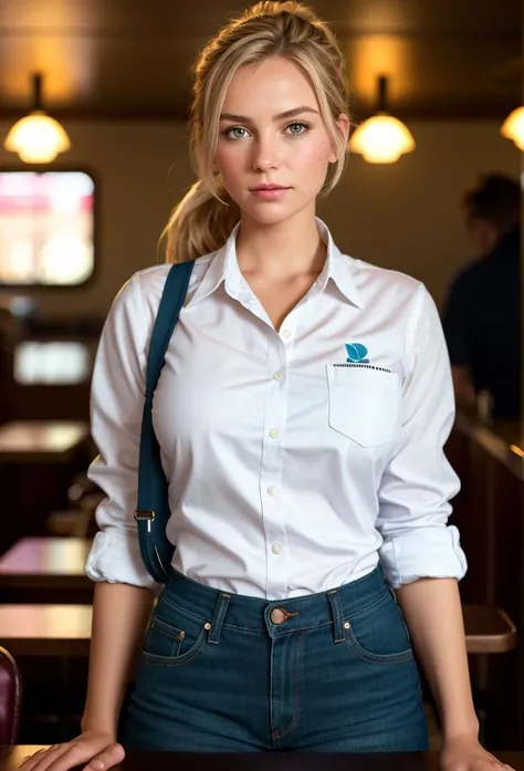 (dark shot:1.4), 80mm, a beautiful blondie czech girl, working as a (waitress:1.1) at (a diner:1.2), weared in white shirt, blue apron, jeans, ponytail, (natural skin texture, hyperrealism, soft light, sharp), (intricate details:0.9), (hdr, hyperdetailed:1.2), soft light, sharp, exposure blend, medium shot, bokeh, (hdr:1.4), high contrast, (cinematic, teal and orange:0.85), (muted colors, dim colors, soothing tones:1.3), low saturation, (hyperdetailed:1.2), (noir:0.4)