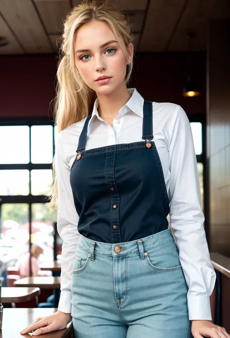 (dark shot:1.4), 80mm, a beautiful blondie czech girl, working as a (waitress:1.1) at (a diner:1.2), weared in white shirt, blue apron, jeans, ponytail, (natural skin texture, hyperrealism, soft light, sharp), (intricate details:0.9), (hdr, hyperdetailed:1.2), soft light, sharp, exposure blend, medium shot, bokeh, (hdr:1.4), high contrast, (cinematic, teal and orange:0.85), (muted colors, dim colors, soothing tones:1.3), low saturation, (hyperdetailed:1.2), (noir:0.4)