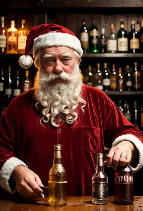 drunk, creepy santa, muddy, crowded bottles bar, intricate details, hdr, intricate details, hyperdetailed, cinematic, dark shot, muted colors, film grainy, soothing tones, muted colors, technicolor