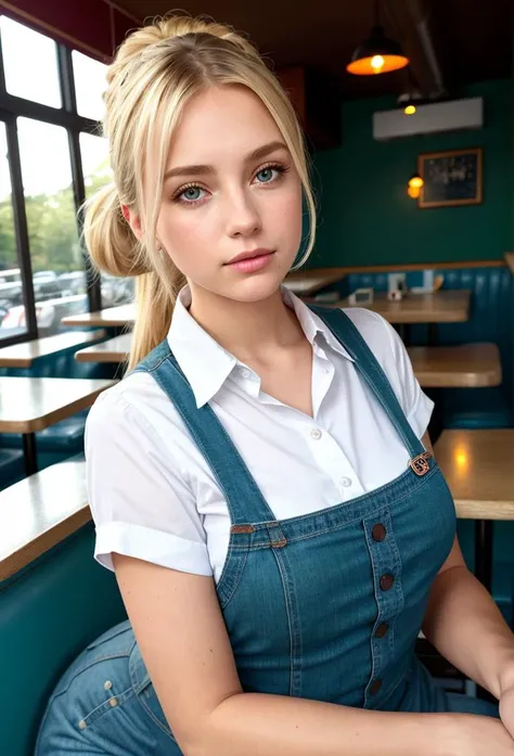 (dark shot:1.4), 80mm, a beautiful blondie czech girl, working as a (waitress:1.1) at (a diner:1.2), weared in white shirt, blue apron, jeans, ponytail, (natural skin texture, hyperrealism, soft light, sharp), (intricate details:0.9), (hdr, hyperdetailed:1.2), soft light, sharp, exposure blend, medium shot, bokeh, (hdr:1.4), high contrast, (cinematic, teal and orange:0.85), (muted colors, dim colors, soothing tones:1.3), low saturation, (hyperdetailed:1.2), (noir:0.4)