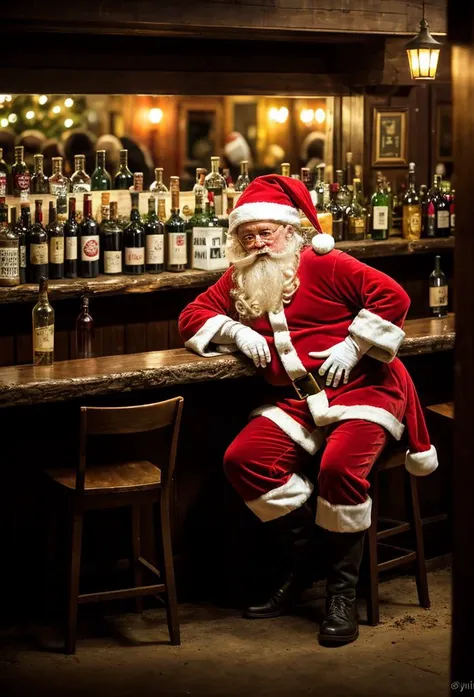 drunk, creepy santa, muddy, crowded bottles bar, intricate details, hdr, intricate details, hyperdetailed, cinematic, dark shot, muted colors, film grainy, soothing tones, muted colors, technicolor