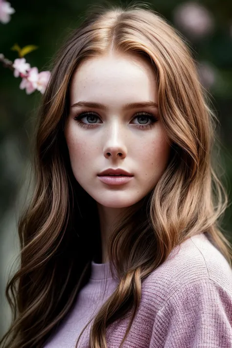 photo of beautiful (gh3nchy-135:0.99), a woman with perfect hair, wearing Cherry Blossom Pink (Ruffled Shirt, High-waisted Jeans:1.1),  (plain background:1.1), (closeup portrait), modelshoot style, (extremely detailed CG unity 8k wallpaper), professional majestic photography, (Leica M6 Camera), 24mm, exposure blend, hdr, faded, extremely intricate, High (Detail:1.1), Sharp focus, dramatic, soft cinematic light, (looking at viewer), (detailed pupils), 4k textures, elegant, ((((cinematic look)))), soothing tones, insane details, hyperdetailed, low contrast