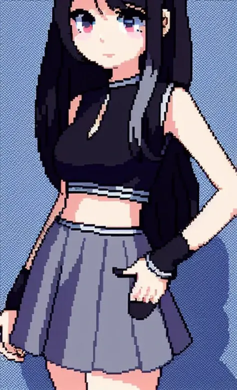 a cute woman in a black croptop and short skirt, blue eyes, pixelart