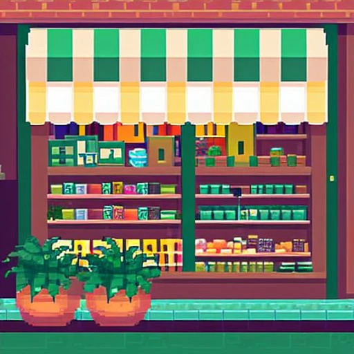 a shopkeepers humble storefront, monstera plants in the background, pixelart