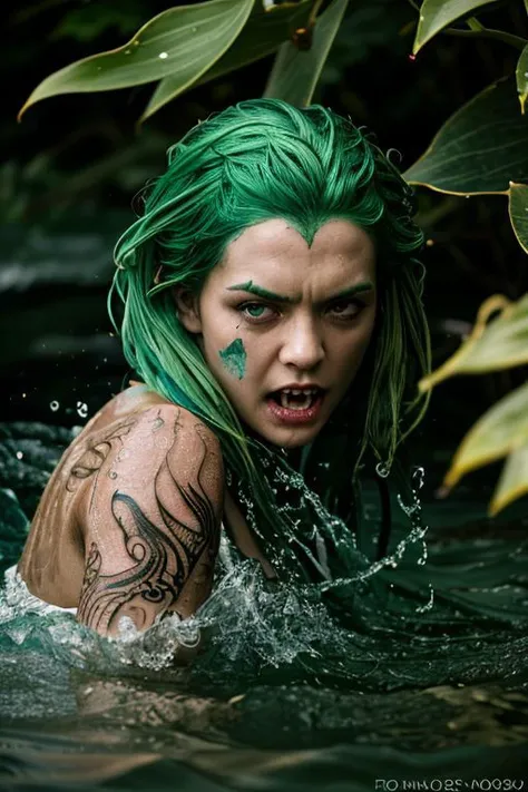 full body photograph of a freightening mermaid, (green hair:1.2), wearing seaweed, kelp top, (tan skin:1.1), (vampire fangs:1.1), (ivy tattoos:1.1), splashing, water, perfect face, eye contact, perfect hands, threatening expression, action shot, front lighting, Photography, Cinematic Lighting, detailed face, detailed eyes, Detailed, Photorealistic, best quality, 8k, HD, DSLR, Fujifilm XT3, award winning