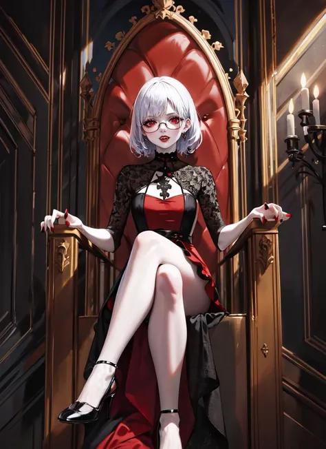 ((best quality)), ((highly detailed)), masterpiece, extremely detailed face, beautiful face, , <lora:more_details:.2>, (1girl), ( solo), multiple views, (vampire), (glasses), (glowing) red eyes:1, (pale skin:1.3), (white hair:1.3), ð§ââï¸, open mouth, <lora:VampireFangs_v1.1:1>, fangs, small breasts, black and red gothic dress, sharp nails, (black and red gothic dress), sitting on a throne, <lora:I_am_the_king:1>, royalpresence, crossed legs, laced high heels, ((arrogant)), disdainful expression, (red_lipstick:1.3), inside a gothic castle, at night, stained glass, (indoors, in an elevator)