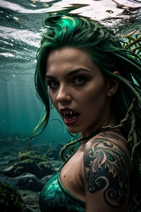 full body underwater photograph of a freightening mermaid, (green hair:1.2), wearing seaweed, kelp top, (tan skin:1.1), (vampire fangs:1.1), pile of skulls, (ivy tattoos:1.1), submerged, perfect face, eye contact, perfect hands, threatening expression, action shot, front lighting, Photography, Cinematic Lighting, detailed face, detailed eyes, Detailed, Photorealistic, best quality, 8k, HD, DSLR, Fujifilm XT3, award winning