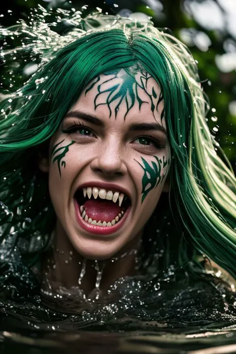 full body photograph of a freightening mermaid, (green hair:1.2), wearing seaweed, kelp top, (tan skin:1.1), (vampire fangs:1.1), (ivy tattoos:1.1), splashing, water, perfect face, eye contact, perfect hands, threatening expression, action shot, front lighting, Photography, Cinematic Lighting, detailed face, detailed eyes, Detailed, Photorealistic, best quality, 8k, HD, DSLR, Fujifilm XT3, award winning