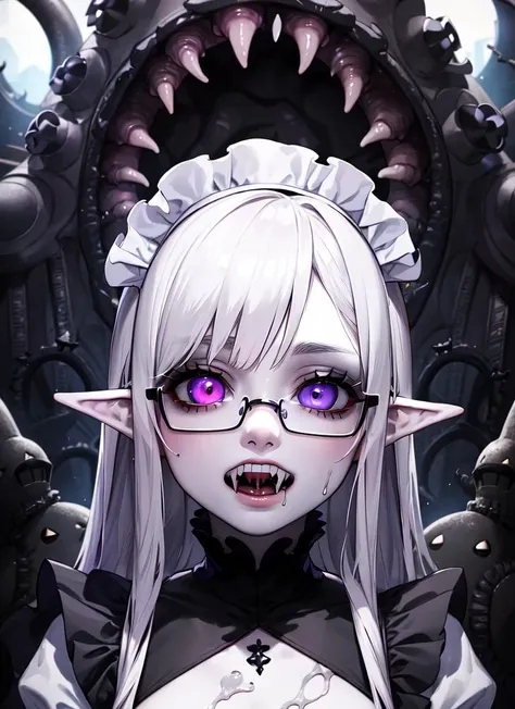 ((best quality)), ((highly detailed)), masterpiece, detailed face, beautiful face, , (1girl), (glasses), ((portrait, headshot)), <lora:VampireFangs_v1.1:1>, vampire, pointed ears, fangs, fangs visible over lower lip, (pale skin)<lora:aiomonstergirls_aiov4LoraLycoris:.2>, (((shoggoth))), maid, body horror, (tentacles), ((extra eyes)), glowing eyes, Chartreuse colored eyes, heterochromia, (colored skin), (purple colored skin), small breasts, maid dress, maid headdress, , lovecraftian, (outside, at a graveyard, midday)