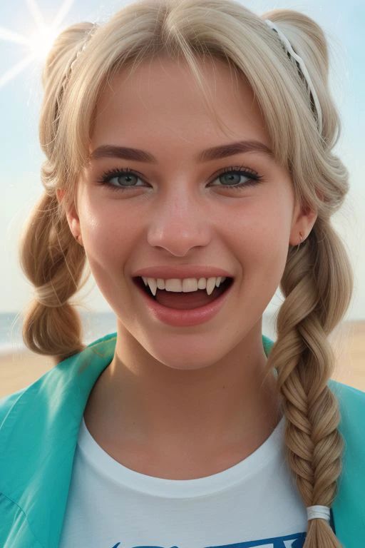 (FACIAL EXTREME CLOSE_UP:1.5) (Shot on Aaton LTR 54) Wild-Cats-Island_Pamela (white blonde hair:1.5)(CYAN T-SHIRT:1.6)(lens flare:1.4)<lora:more_details:0.3> insanely detailed and intricate, character, hypermaximalist, beautiful, exotic, revealing, appealing, attractive, amative, hyper realistic, (super detailed:1.3), (Plams, Beach, Sunshine:1.6) (Truality Island)(pigtails:1.3)(smiling:1.5), mouth wide open, vampire fangs, red glowing eyes, portrait