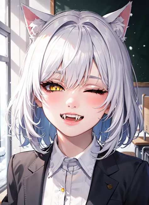 ((best quality)), ((highly detailed)), detailed face, beautiful face, , (1girl), ((portrait, headshot)), <lora:VampireFangs_v1.1:1>, vampire, pointed ears, fangs, fangs visible over lower lip, (pale skin), cat girl, cat ears, medium hair, snow white hair, dark yellow eyes, <lora:slit-pupils:1>, snake eyes, half-closed eyes, cat tail, smiling, (inside, in a classroom, desks, a teacher, standing, business pants, button down shirt, hair in a bun)