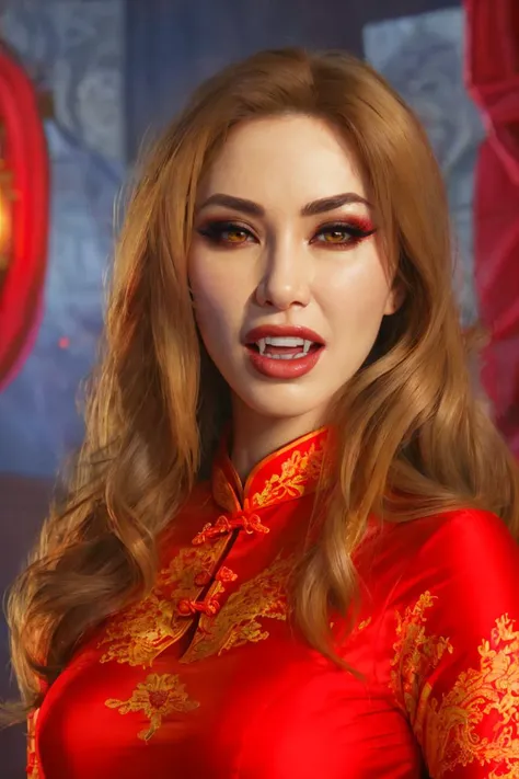k1@nn@d10r is vampire, fangs, pale skin, (glowing hypnotic yellow eyes:0.6), high-collared red cheongsam dress, highly detailed, night, shadows, volumetric lighting, sultry, hungry, evil, XD-Scene <lora:k1@nn@d10r:0.8> <lora:VampireFangs-Prodigy-d16-a1:0.8>