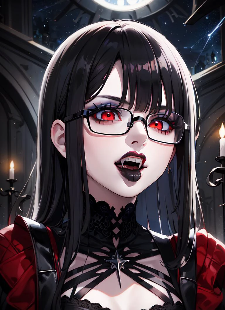((best quality)), ((highly detailed)), masterpiece, extremely detailed face, beautiful face, , (1girl), ((portrait, headshot)), (vampire), (glasses), (glowing) red eyes:1, (white skin:1.3), (black hair:1.3), ð§ââï¸, ((wine glass)), open mouth, <lora:VampireFangs_v1.1:1>, fangs, fangs visible over lower lip, small breasts, black and red gothic dress, sharp nails, (black and red gothic dress)laced high heels, ((arrogant)), disdainful expression, (black_lipstick:1.3), inside a gothic castle, at night, stained glass, (outdoors, at a church, night, night sky, stars, blue moon, shooting star, telescope, thunder storm)