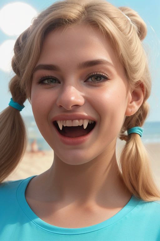 (FACIAL EXTREME CLOSE_UP:1.5) (Shot on Aaton LTR 54) Wild-Cats-Island_Pamela (white blonde hair:1.5)(CYAN T-SHIRT:1.6)(lens flare:1.4)<lora:more_details:0.3> insanely detailed and intricate, character, hypermaximalist, beautiful, exotic, revealing, appealing, attractive, amative, hyper realistic, (super detailed:1.3), (Plams, Beach, Sunshine:1.6) (Truality Island)(pigtails:1.3)(smiling:1.5), mouth wide open, very Detailed and acurate vampire canines, red glowing fine stained eyes, upper body portrait