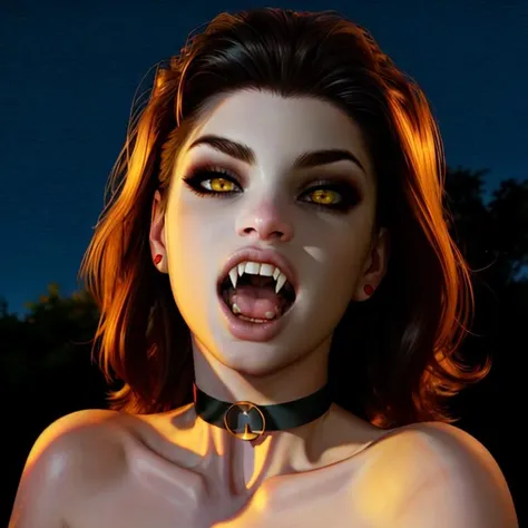 Film photo, 1girl, candid, Becca, vampire, baring fangs, pale skin, hypnotic yellow eyes, open mouth, bloody teeth mouth and chin, choker, shot on Canon EOS, FujiFilm ISO 400, night, natural moonlight, shadows, seductive, feral, vicious <lora:Becca:0.9> <lora:VampireFangs-Prodigy-d16-a1:0.7>