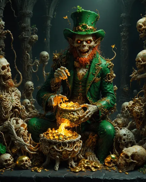 a evil leprechaun holding a glowing pot of gold, in his lair, bone sculptures, <lora:add_detail:1>, <lora:st1cky:0.8> l1fel1ke, st1cky, veins