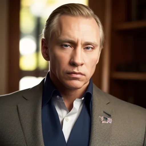 American flag, masterpiece, ultra high res, (photorealistic:1.4), portrait of a man in suit, putintheking, strong body builder, detailed skin, cinematic lighting <lora:putintheking:0.7>