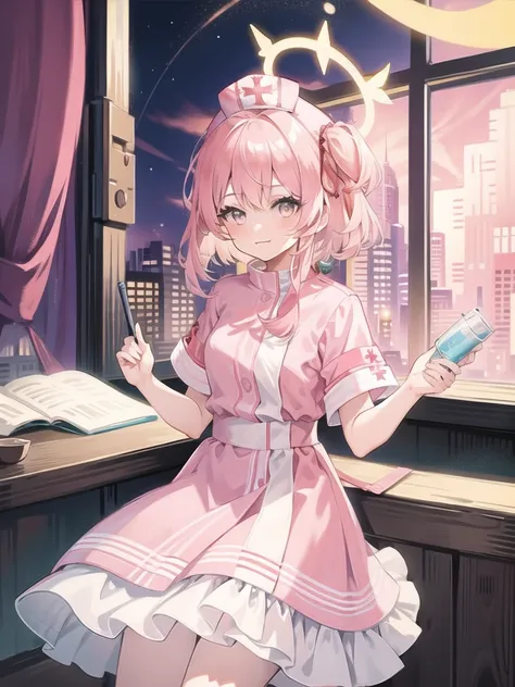 masterpiece,1girl, amber_eyes,serina,halo, nurse, nurse_cap, hat, dress, pink_hair, smile, solo, 1girl, pink_dress, curtains, short_sleeves, white_pantyhose<lora:serina:1>
