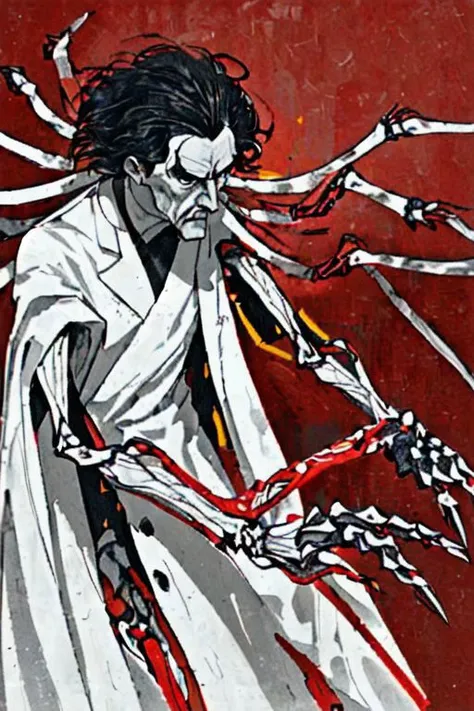 abstract, by Alexander Rostov, colour yellow-black, (white red background:1.5), disco-elision style,black floating hair, depressed, gray skin, (long-armed:1.5) bent man, black long coat