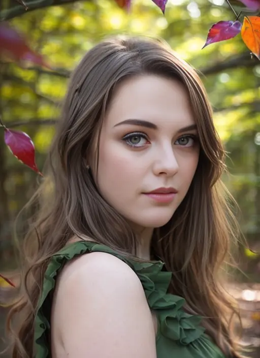 arcane style award winning upper body photo of beautiful 18yo woman in a green dress, highly detailed, fine detail, intricate, ((eye contact:1.5)), perfect eyes, in the woods, autumn , falling leaves, eye contact, facing the camera, (perfect detailed deep green eyes:1.5), <lora:ImogenDyer:0.8>