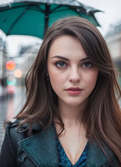 arcane style award winning full body photo of beautiful 18yo woman in a tight blue, highly detailed, fine detail, intricate, ((eye contact:1.5)), perfect eyes, walking in the rain, in the street in London, autumn , eye contact, facing the camera, (perfect detailed deep green eyes:1.5), <lora:ImogenDyer:0.8>