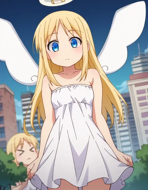 score_9, score_8_up, score_7_up, source_anime,
crimvael, <lora:crimvael-ponyxl-lora-nochekaiser:1>
crimvael, long hair, blue eyes, blonde hair,
dress, bare shoulders, collarbone, wings, white dress, strapless, halo, strapless dress, angel wings, white wings, angel,
outdoors, cityscape,
looking at viewer, dutch angle, cowboy shot,