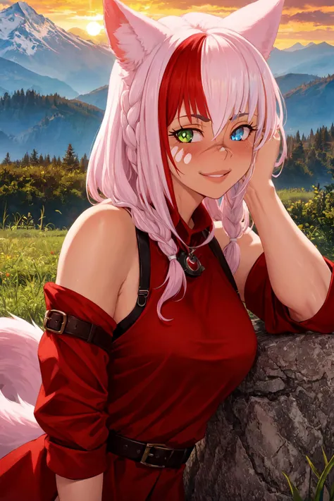 (masterpiece, best quality), outdoors, mountain, sunset, upper body, 1girl, solo, TayelleEbonclawManityro, heterochromia, facial mark, scar on nose, tail, <lora:TayelleEbonclaw_V1-Manityro-prodigy:1>, toned, looking at viewer, seductive smile, blush, red outfit, tabard, biceps, arm support,