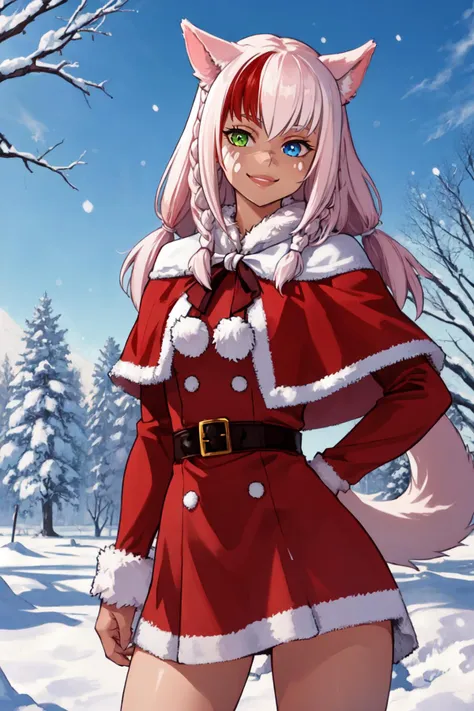 (masterpiece, best quality), outdoors, snow, cowboy shot, 1girl, solo, TayelleEbonclawManityro, heterochromia, facial mark, scar on nose, tail, <lora:TayelleEbonclaw_V1-Manityro-prodigy:1>, toned, looking at viewer, smile, santa costume, santa dress, fur-trimmed capelet, fur trim,