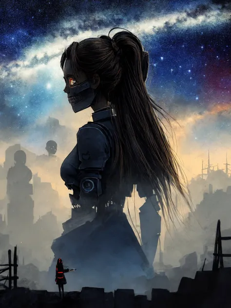 masterpiece, best quality, darkspherastyle, illustration, highres, 1girl, long hair , dark blue eyes, mecha, mask, mask on head, smile, intricate details, hdr, highly detailed, starry sky background, <lora:DarkSpheraStyle:0.7> <lora:add_detail:0.6>, slate atmosphere, cinematic, dimmed colors, dark shot, muted colors, film grainy, lut, spooky