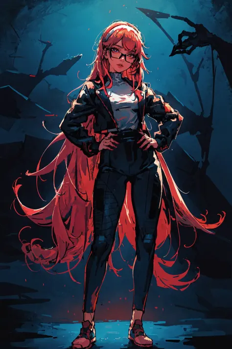 (best quality, masterpiece:1.1), (Intricate detailed:1.2), scenery, Shallow Depth of Field,
1girl,
lovely small breasts, smiling face, lipgloss, glow lips, red lips,
golden eye,
pink hair, very long hair, messy hair,
BREAK, ((both hand on hip), standing straight, upper body),
full body,
(white bodysuit, hairband, cyan-framed eyewear),
jacket, fishnet, pants, headband, ninja, neon light, Club Stage,
<lora:DarkSpheraStyle:0.6>, DarkSpheraStyle, horror theme, dimmed colors, dark shot, muted colors, film grainy, lut, spooky