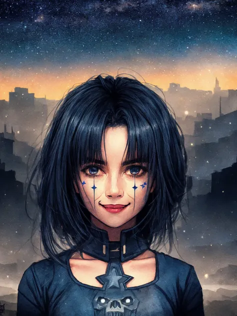 masterpiece, best quality, darkspherastyle, illustration, highres, 1girl, long hair , dark blue eyes, mecha, mask, mask on head, smile, intricate details, hdr, highly detailed, starry sky background, <lora:DarkSpheraStyle:0.7> <lora:add_detail:0.6>, slate atmosphere, cinematic, dimmed colors, dark shot, muted colors, film grainy, lut, spooky