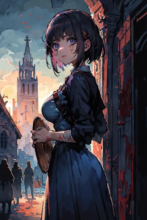 (best quality, masterpiece:1.1), (Intricate detailed:1.2), scenery, Shallow Depth of Field, 
1girl, 
lovely huge breasts,  [angry face|smile face],     heavy breathing, 
purple eye, 
(bags under eyes:1.5), <lora:lottalewdsBagsUnder_v1:1>, 
narrowed eyes, 
golden hair, very short hair, wavy hair, hime cut,     
  chubby, fat, fatty,     
BREAK,  (holding food Tray:1.3), 
cowboy shot,   (facing down:1.2),  
sky blue dress,  ruin church, ruin, broken building, old castle, vine of wall, Magic jeans on the floor, blood, cosmic horror, 
<lora:DarkSpheraStyle:0.6>, DarkSpheraStyle, horror theme, dimmed colors, dark shot, muted colors, film grainy, lut, spooky