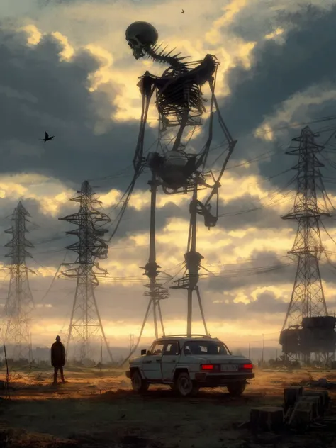 DarkSpheraStyle, outdoors, sky, cloud, no humans, glowing, bird, cloudy sky, ground vehicle, motor vehicle, science fiction, monster, car, cable, ruins, power lines, skeleton, utility pole <lora:DarkSpheraStyle:0.7>