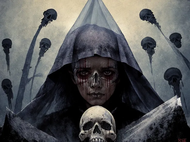 masterpiece, best quality, loststyle, solo, 1boy, male focus, blood, crown, veil, facing viewer, skull, horror   <lora:DarkSpheraStyle:0.7>