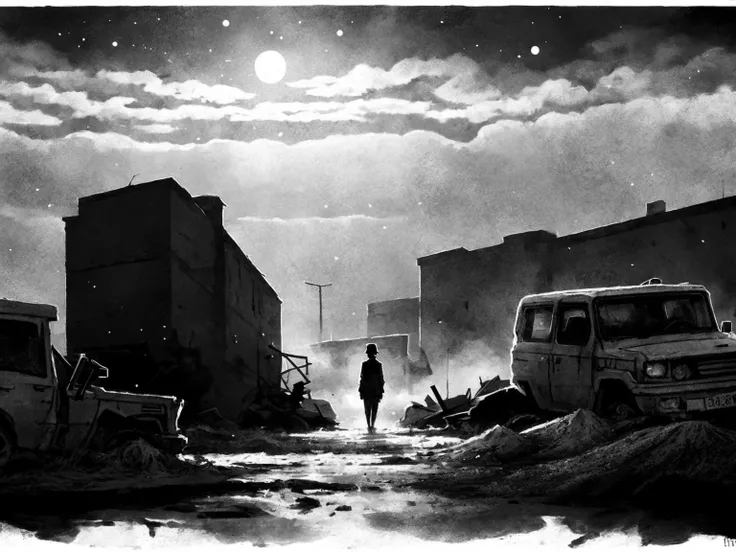 DarkSpheraStyle, First World War, Artillery,Tunneling,Triage, Mud, Explosions,Choking dust,Stifled cries, Bleak,Sinister, Horror,Apprehension,Grief, Full moon, Collage, Space, Triadic, high contrast, shadows, ultra detailed, intricate, surrealism, glazing, dry brush, oil on canvas   <lora:DarkSpheraStyle:0.7>
