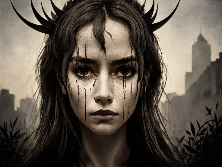 DarkSpheraStyle, slavic godess of death, wood and leafs on body, grey cracked skin, horns, devil eyes, natural skin texture, natural fur texture, 24mm, 4k textures, soft cinematicight, adobe lightroom, photolab, hdr, intricate, elegant, highly detailed, sharp focus, cinematic look, soothing tones, insane details, intricate details, hyperdetailed, low contrast, soft cinematic light, dim colors, exposure blend, hdr, faded   <lora:DarkSpheraStyle:0.7>