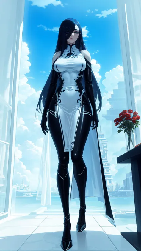 <lora:largewindow_20230531163119:0.7>,1 girl,full body,(blue sky:1.3), long_hair, sliding_doors, solo, standing, yinyangtech , flow, scifi, <lora:YinYangTech:0.8>,, masterpiece, best quality, highly detailed, (8k), (4k), HDR, beautiful detailed girl, beautiful detailed face, beautiful detailed eyes, perfect shadow, masterpiece, best quality, perfect skin, shiny skin, perfect hands, perfect girl,
