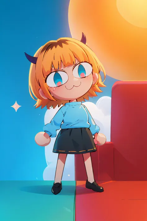 (masterpiece, best quality:1.2), chibi, solo, 1girl, necoarc, memcho, :3, short hair, blonde hair, multicolored hair, aqua eyes, slit pupils, blunt bangs, horns, (blue sweater:1.2), black shirt, bare shoulders, black skirt <lora:necoarc:1> <lora:chara_OshiNoKo_MEMcho:0.8>