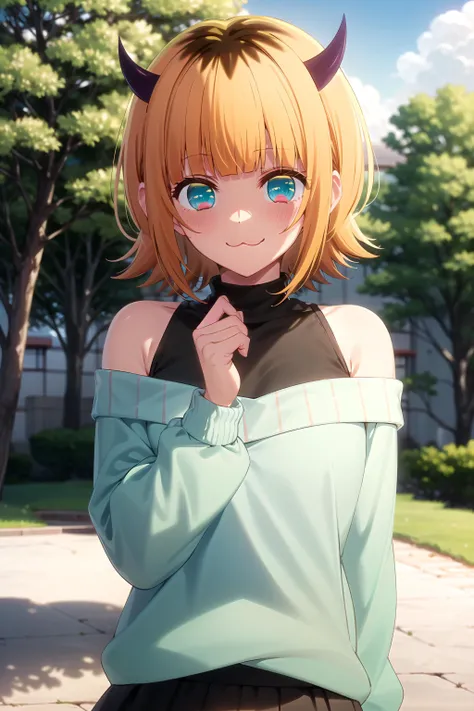 best quality, masterpiece, detailed,
<lora:OshiNoKo_MEMcho:0.8>, memcho,
closed mouth, light blush, :3, smile,
short hair, blonde hair, multicolored hair, aqua eyes, blunt bangs, horns,
(blue sweater:1.2), black shirt, bare shoulders, black skirt, medium breasts,
standing, looking at the viewer, facing viewer,
day, trees, outdoors
