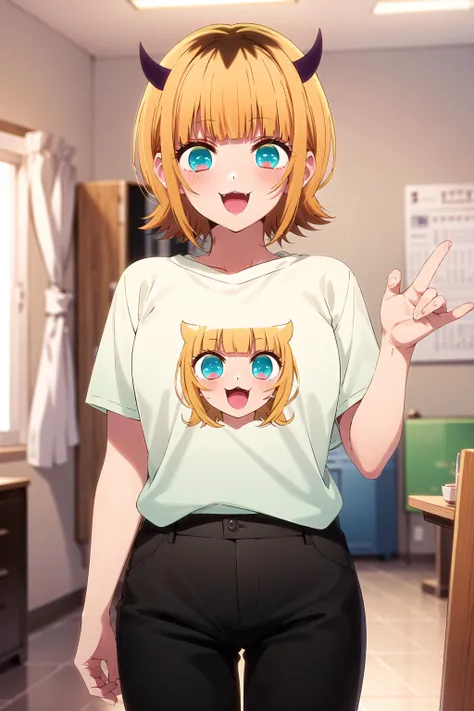 best quality, masterpiece, detailed,
<lora:OshiNoKo_MEMcho:0.8>, memcho,
open mouth, :3, smile, light blush,
short hair, blonde hair, multicolored hair, aqua eyes, blunt bangs, horns,
green shirt, print shirt, t-shirt, black pants,
standing, looking at the viewer,
indoors
