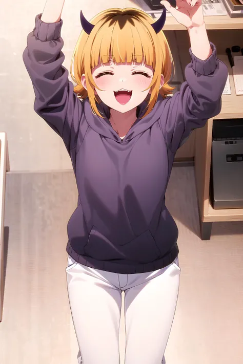 best quality, masterpiece, detailed,
<lora:OshiNoKo_MEMcho:0.8>, memcho,
open mouth, ^_^, :3, happy,
short hair, blonde hair, multicolored hair, closed eyes, blunt bangs, horns,
(purple hoodie:1.2), white pants, long sleeves,
standing, arms up, from above, (facing viewer:1.2), out of frame,
indoors