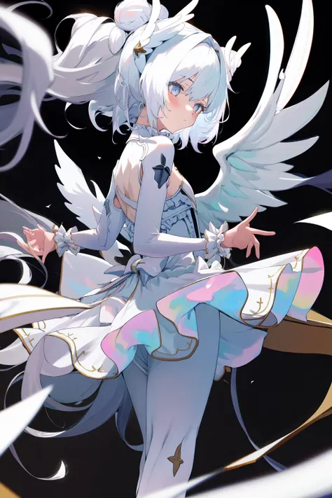 masterpiece, best quality, highres, 1girl le malin muse white hair, white dress clothing cutout white pantyhose skirt bow wrist cuffs frills wings <lora:le_malin_muse:1> from side, standing