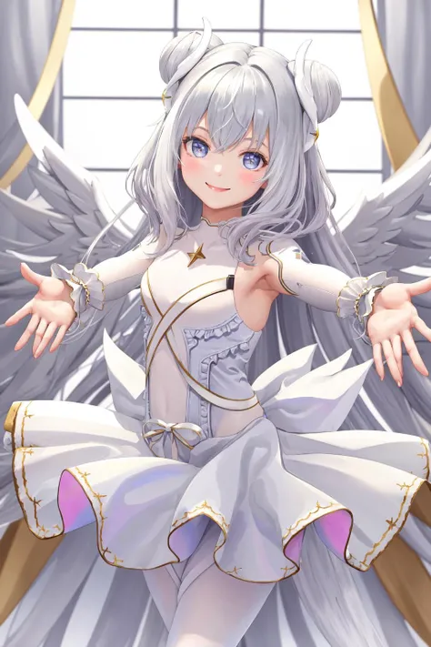 masterpiece, best quality, highres, 1girl le malin muse white hair, white dress clothing cutout white pantyhose skirt bow wrist cuffs frills wings <lora:le_malin_muse:1> standing, outstretched arms, reaching out, smile